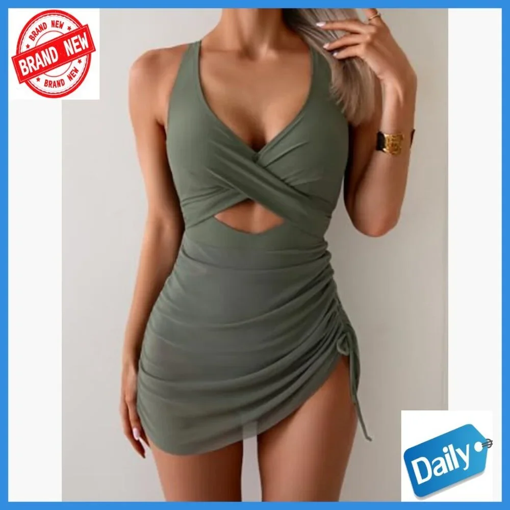 Women's Mesh One Piece Swimsuit Tummy Control V Neck Cutout Bathing Suit